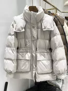 Зимняя новая женская куртка-пуховик средней и длинной длины, утолщенная, модная, свободная, белая, утиная, тонкая, пальто прилив One size fits all, within 75kg is recommended. светло-серый