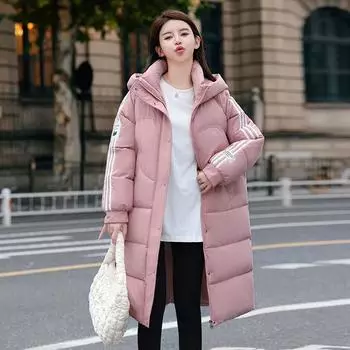 Зимняя новая женская куртка средней и длинной длины 2024 года, женская теплая куртка с капюшоном для колледжа Tide S size 90-60kg чёрный