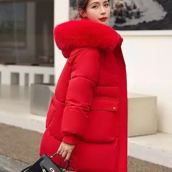 Зимняя новая женская одежда на хлопковой подкладке женские средние и длинные свободные куртки на хлопковой подкладке большие меховые воротники пуховые куртки на хлопковой подкладке M чёрный