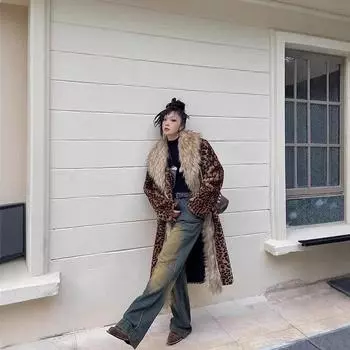 Зимняя новая женская шуба из искусственного меха, шуба из искусственной норки, длинное пальто с меховым воротником, утолщенное теплое пальто с меховым воротником S леопардовый