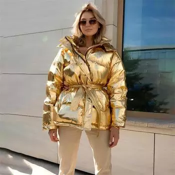 Зимняя новая женская спортивная куртка на открытом воздухе с ярким принтом и хлопковой подкладкой 2024 года, модная повседневная куртка с капюшоном и поясом для улицы S золотистый