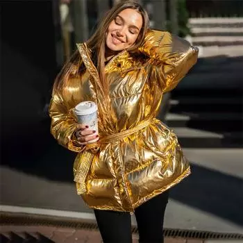 Зимняя новая женская спортивная куртка на открытом воздухе с ярким принтом и хлопковой подкладкой 2024 года, модная повседневная куртка с капюшоном и поясом для улицы S золотистый