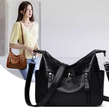 Зимняя новая женская сумка среднего возраста 2024 года, легкая многослойная сумка через плечо большой емкости для мам, сумки через плечо с замком для пожилых людей чёрный