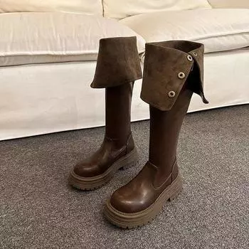 Зимняя новинка 2024 года, горячая распродажа, модные женские сапоги до колена, однотонные туфли с круглым носком для женщин, Botines De Mujer 35 чёрный