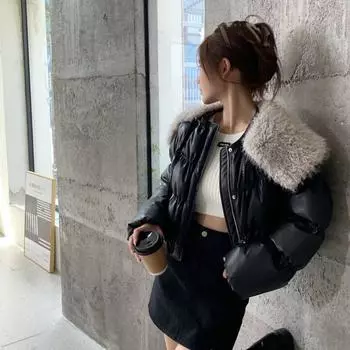 Зимняя новинка 2024 года, несменная кожаная куртка с большим меховым воротником, модная повседневная широкая версия, маленькая куртка, пуховик S жемчужина белый