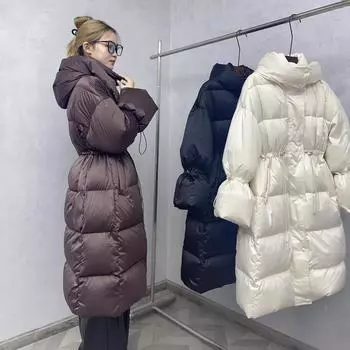 Зимняя новинка 2024 года, высококачественная куртка из гусиного пуха с ацетатным сатином, элегантная длинная теплая куртка с капюшоном, женская куртка S чёрный
