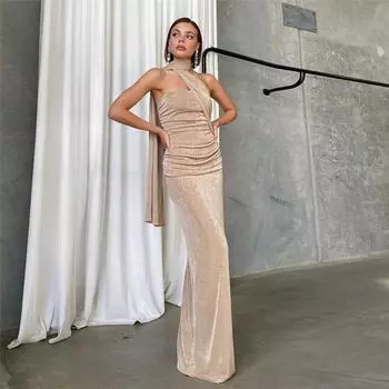 Зимняя новинка 2025 г.: Сексуальное и облегающее платье с открытой спиной, без бретелек, с лентой, халтером, оборками и однотонное для вечернего гламура S чёрный