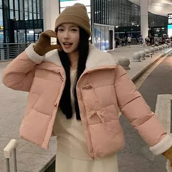 Зимняя новинка европейского стандарта, пуховик из овечьей шерсти с отворотами, женский дизайн, роговые пуговицы сверху M