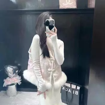 Зимняя новинка из лисьего меха с атласной вышивкой, модный тонкий короткий меховой жилет для женщин, новое пальто one size fits all белый