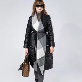 Зимняя новинка Парижской недели моды шерстяной клетчатый шарф воротник знаменитость темперамент элегантный пуховик женский длинный S чёрный