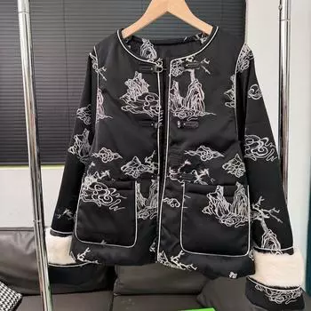 Зимняя новинка, тяжелая промышленность, вышивка, дисковая пряжка, норковая шерсть, гусиный пух, куртка, женское короткое пальто one size fits all чёрный