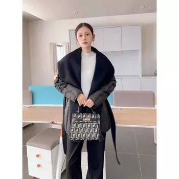 Зимняя новинка высокого класса темперамент двухстороннее кашемировое пальто сращивание белая утиная пуховая куртка шерстяная женская куртка-пуховик S чёрный