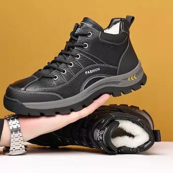 Зимняя обувь 2024 года для мужчин, шерстяные ботинки, повседневная обувь из натуральной кожи, мужские уличные теплые плюшевые скальные ботинки 38 чёрный