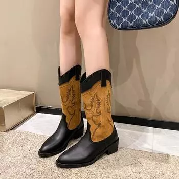 Зимняя обувь 2024 года для женщин, женские полусапожки с вышивкой, квадратный каблук, острый носок, женские ботинки на среднем каблуке 35 чёрный