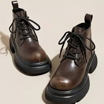 Зимняя обувь Ботинки женские на плоской подошве с круглым носком Новые модные женские резиновые туфли средней высоты на осень на щиколотке со шнуровкой 35