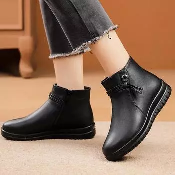Зимняя обувь Черные женские кожаные водонепроницаемые толстые плюшевые теплые зимние ботинки женские ботильоны женская хлопковая обувь 35 чёрный