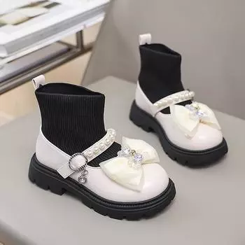 Зимняя обувь для девочек, ботильоны с теплым мехом, детская обувь для кроватки, маленькие размеры, для школьников, высокие лоферы EU:33 чёрный