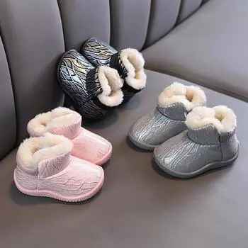 Зимняя обувь для девочек, теплые, удобные, бархатные, повседневные, универсальные, детские туфли, нескользящие, простые, хлопковые, повседневные, модные, зимние ботинки 12insole12.5cm чёрный