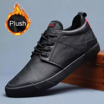Зимняя обувь для мужчин, кожаные ботинки, модная теплая повседневная обувь из плюшевой кожи, нескользящие зимние ботинки больших размеров 38 чёрный