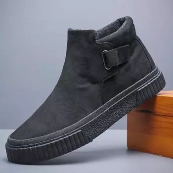 Зимняя обувь для мужчин. Замшевые кожаные ботинки. Высокие теплые повседневные ботинки из плюшевой кожи. Мужские зимние ботинки для активного отдыха. 38 чёрный