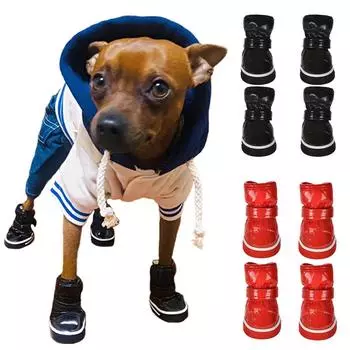 Зимняя обувь для собак, водонепроницаемые нескользящие зимние сапоги для домашних животных для маленьких собак, непромокаемая обувь, уличные кроссовки для щенков, аксессуары для плюшевых чихуахуа, 4 шт./компл. 1 красный