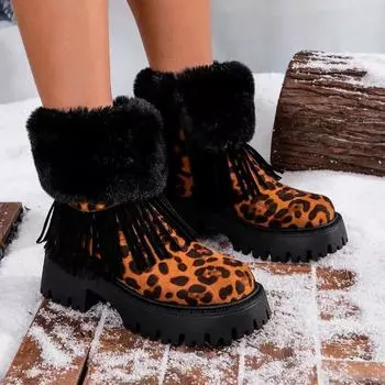 Зимняя обувь для женщин 2024 года. Новые модные и универсальные женские ботинки с леопардовым принтом. Нескользящие ботинки на толстой подошве с молнией. Zapatos 35 цветной печати леопарда