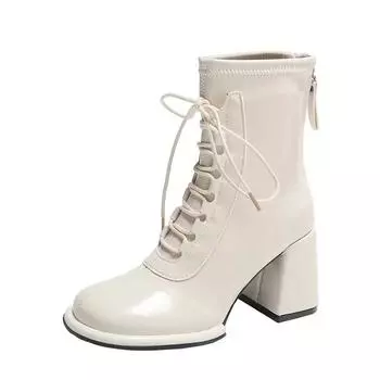 Зимняя обувь для женщин. Базовые женские ботинки с застежкой-молнией сзади. Ботинки до середины голени из ПУ. Женские туфли с круглым носком и шнуровкой на высоком каблуке. 35