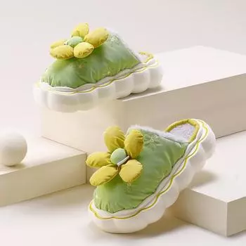 Зимняя обувь для женщин, хлопковые тапочки с цветком, новинка 2022 года, пушистые шлепанцы, женские теплые тапочки на плоской платформе для спальни 36-37 зелёный