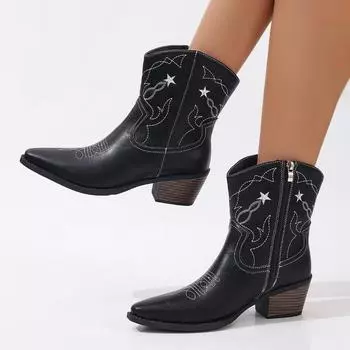 Зимняя обувь для женщин, женские ботильоны с вышивкой, с острым носком и квадратным каблуком, женская обувь, распродажа, женские ботинки 36