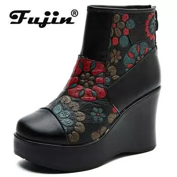 Зимняя обувь Fujin высотой 9 см, ботильоны до середины икры, ботильоны из коровьей кожи, женские осенние плюшевые теплые ботинки на платформе с принтом в стиле ретро 35