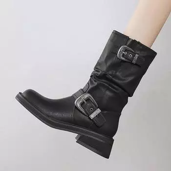 Зимняя обувь из коровьей кожи Krazing Pot, ботинки в стиле вестерн на массивном высоком каблуке с квадратным носком, женские ботильоны без шнуровки 34 чёрный