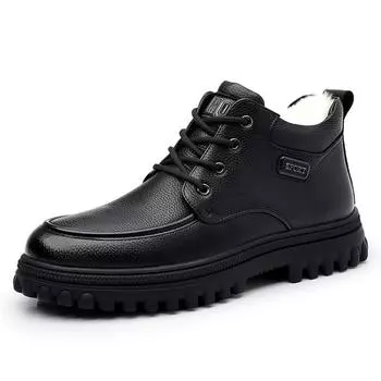 Зимняя обувь, мужские ботильоны, модная брендовая мужская обувь, натуральная кожа, теплая, плюшевая, плоская, нескользящая, чистого черного цвета 39 чёрный
