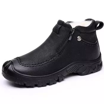 Зимняя обувь, мужские полусапоги из натуральной кожи, теплая плюшевая нескользящая брендовая мужская обувь на толстой подошве, черная 39 чёрный