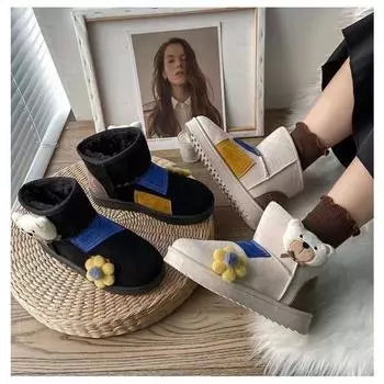 Зимняя обувь, плюшевые теплые ботильоны на плоской подошве для женщин, милые зимние ботинки с медвежьим мехом, женские удобные слипоны, женские ботинки 36 чёрный