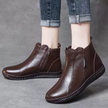 Зимняя обувь Женская натуральная кожа Ботильоны ручной работы для мам Толстые плюшевые теплые зимние ботинки Плоские повседневные ботильоны Бесплатная доставка 35