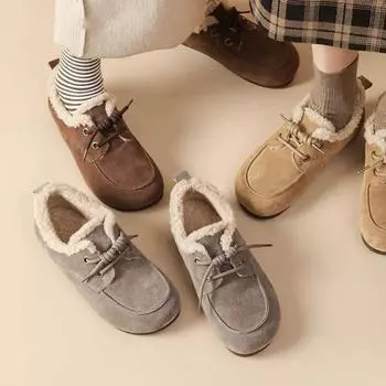Зимняя обувь Женская обувь на плоской подошве с круглым носком Женская обувь Лоферы Меховые повседневные кроссовки Осенние туфли на шнуровке Мокасины из замши и хлопка 35 серый