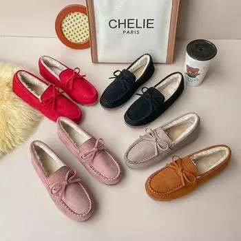 Зимняя обувь, женская повседневная обувь на плоской подошве, женские мокасины, мягкие лоферы, модные удобные теплые плюшевые женские хлопковые туфли без шнуровки с бантом 35 чёрный