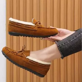 Зимняя обувь Женская повседневная обувь на плоской подошве Женская мягкая обувь Модная и удобная теплая плюшевая обувь с бантом Женская хлопковая обувь 35 чёрный