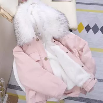 Зимняя одежда большой меховой воротник короткая джинсовая куртка из овечьей шерсти женская корейская версия свободная бархатная утолщенная хлопковая подкладка одежда XL 140-80kg loose version