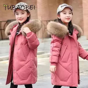 Зимняя одежда для девочек, детские средние и длинные утолщенные хлопковые пальто, куртка с капюшоном для девочек, детская верхняя одежда 140 розы красного