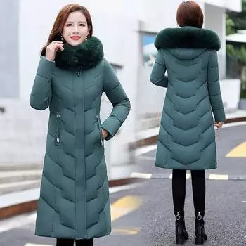 Зимняя одежда для людей среднего и пожилого возраста с удлиненными коленями, женская одежда с пуховой подкладкой для мам, облегающие утолщенные куртки больших размеров L зелёный