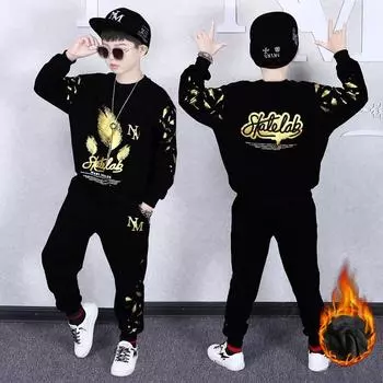 Зимняя одежда для мальчиков и детей, осенне-зимняя одежда, плюс бархатный утолщенный костюм, свитер с круглым вырезом, костюм из двух частей 150 чёрный