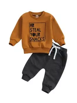 Зимняя одежда для маленьких мальчиков, осенние наряды, толстовка с круглым вырезом и длинными рукавами с надписью, комплект штанов для бега 12-18 Months абрикосовый