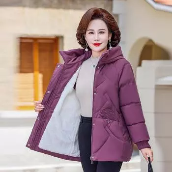 Зимняя одежда для мам, большой размер, свободная куртка с капюшоном, одежда для женщин среднего и пожилого возраста, короткая куртка с начесом и утолщением XL зелёный