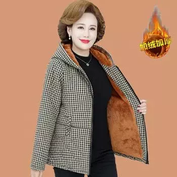 Зимняя одежда для мам, утолщенная бархатная клетчатая куртка-стеганая куртка для женщин, новая куртка-стеганая куртка с капюшоном для людей среднего и пожилого возраста, повседневная теплая куртка-стеганая куртка XL (recommended 90-52.5 kg)