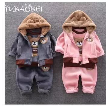 Зимняя одежда для младенцев, повседневный комплект для мальчиков и девочек, куртка из толстого флиса, жилет и штаны, хлопковый свитер, спортивный костюм из 3 предметов 80