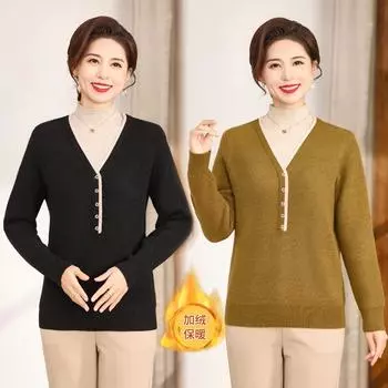Зимняя одежда для молодых мам 2024 года, флисовый утолщенный свитер, одежда для женщин среднего и пожилого возраста, теплая модная осенне-зимняя трикотажная нижняя рубашка XL оранжевый