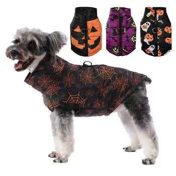 Зимняя одежда для собак средних и маленьких пород, кошек, ветрозащитная, теплая, на Хэллоуин, куртка для щенка с принтом тыквы, костюм для йоркширского бигля S