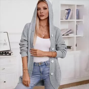 Зимняя одежда для женщин, новый винтажный свитер для женщин, длинный с капюшоном, однотонный, с длинными рукавами, вязаный кардиган, офисные женские куртки S серый