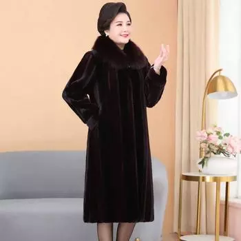Зимняя одежда для женщин среднего и пожилого возраста, меховая куртка длиной до колена, искусственная норковая шуба, утолщенная одежда для мам, большой размер XL чёрный